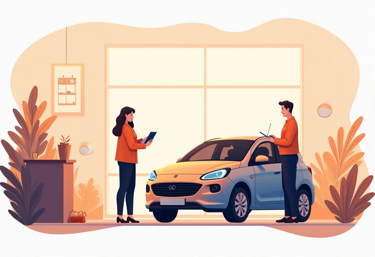 Showroom de autos con representantes discutiendo opciones de financiamiento